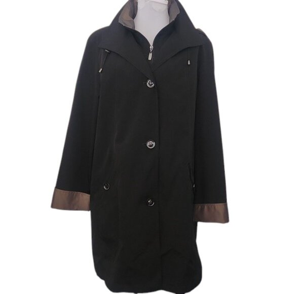 Gallery New York Black Lined Hooded Mid-Length Trench Coat - Size Large - Picture 1 of 15